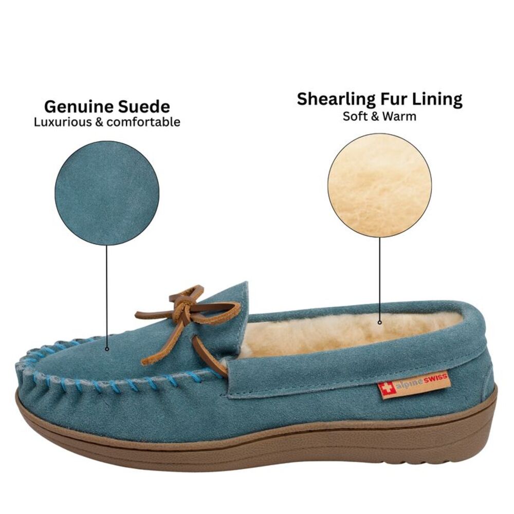 Alpine Swiss Sabine Womens Suede Shearling Moccasin Slippers House Shoes Slip On - Picture 2 of 9